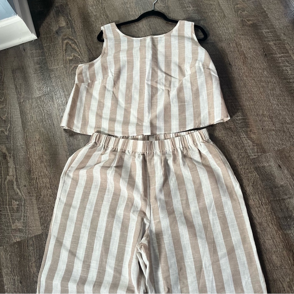 *New but no Tags*SHEIN Tan and White Striped 2pc  blouse and wide leg pants